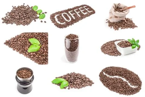 Collection of roasted coffee beans close-up isolated on white background Stock Photos