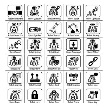 Collection of robot icons representing various functions like handshake, th.. Stock-Illustration