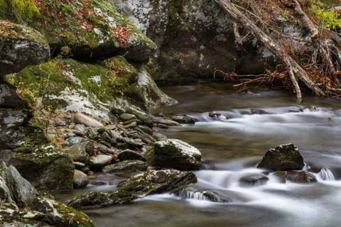 Collection of rocks and deadfall by a river in the Great Smoky Mountains Stock Photos