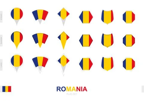 Collection of the Romania flag in different shapes and with three different.. Stock Illustration