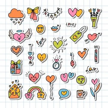 Collection of romantic objects and symbols. Stickers. Love, wedding, date, .. Stock Illustration