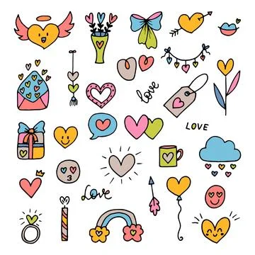 Collection of romantic objects and symbols. Love, wedding, date, Valentine... Stock Illustration