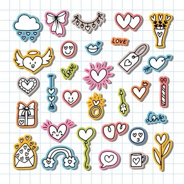 Collection of romantic objects and symbols. Stickers. Love, wedding, date, .. Stock Illustration