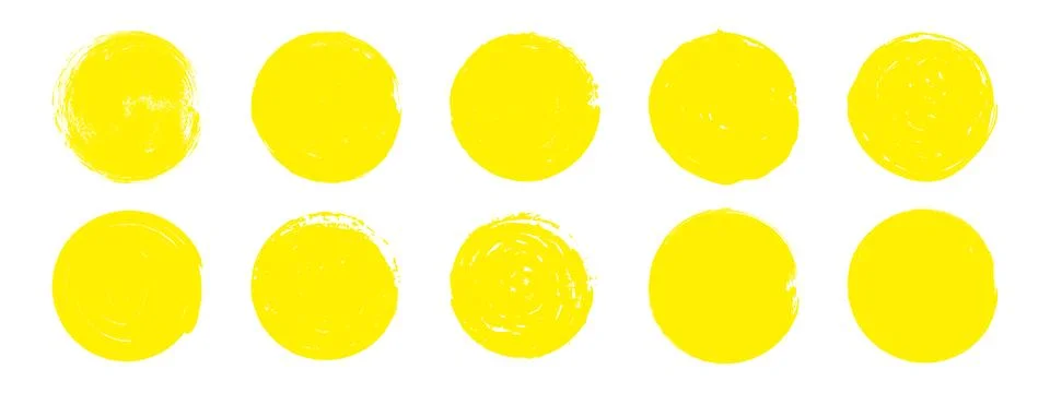 Collection of rough yellow brush sun circles. Grunge round stamp shapes. Ha.. Stock Illustration