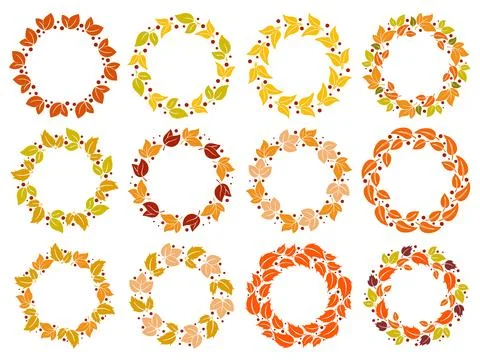 Collection of round autumn frames made of colorful leaves イラスト素材