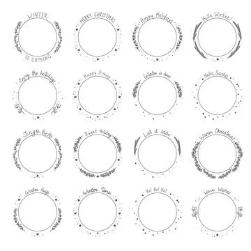 Collection of round frames with festive winter hand-drawn lettering Stock Illustration