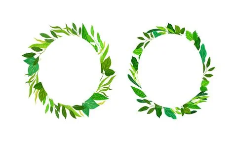 Collection of round frames made of leaves. Green elegant natural borders with Illustrazione stock