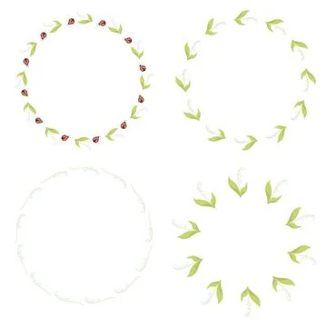 Collection Round frames with May lilies of the valley with leaves and ladybugs.  Illustrazione stock