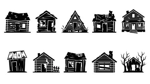Collection of rustic dilapidated cabins and broken down wooden shacks Stock-Illustration