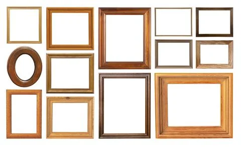 Collection of rustic wooden picture frames on transparent background Stock Photos