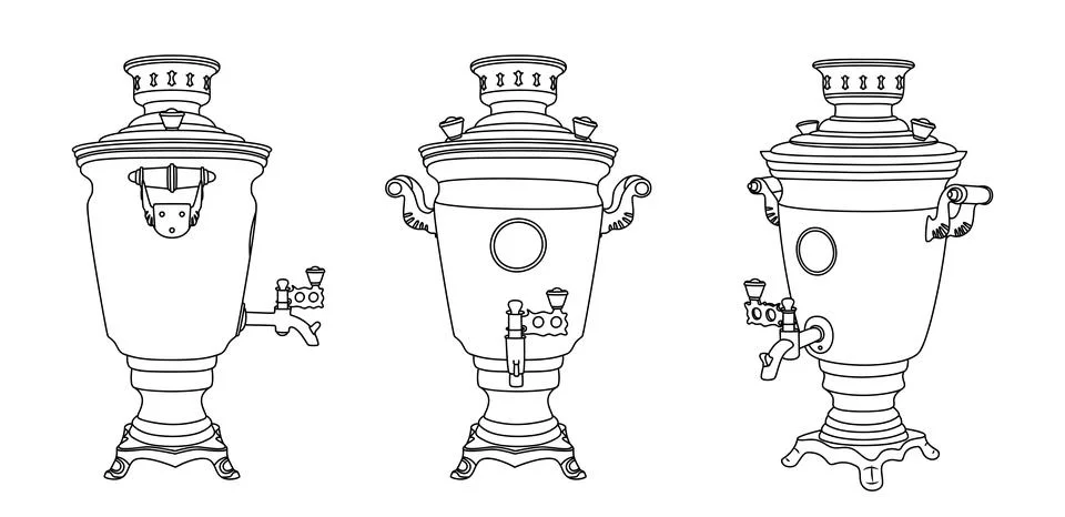 Collection of samovars in different isometric projections. Sketch Stock-Illustration
