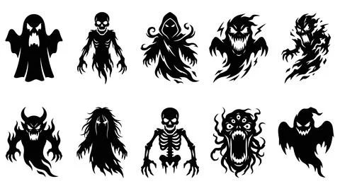 Collection of scary ghost and skeleton monster silhouettes for halloween. イラスト素材
