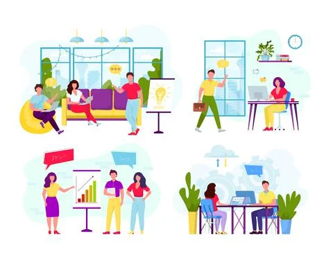 Collection of scenes with group of office workers or people working on comput Stock Illustration