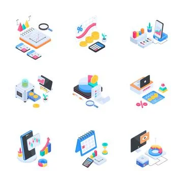 A collection of school and e learning elements designed in an isometric Illustrazione stock