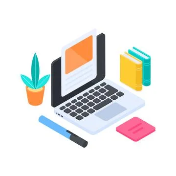 A collection of school and e learning elements designed in an isometric Stock Illustration