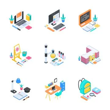 A collection of school and e learning elements designed in an isometric Illustrazione stock