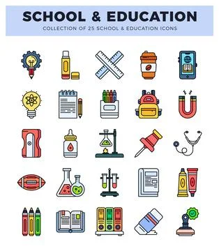 Collection of school and education flat icons with clean lines. Vector illu.. Stock Illustration