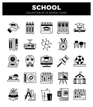 Collection of school icons featuring educational and learning symbols.  Gra.. Illustrazione stock