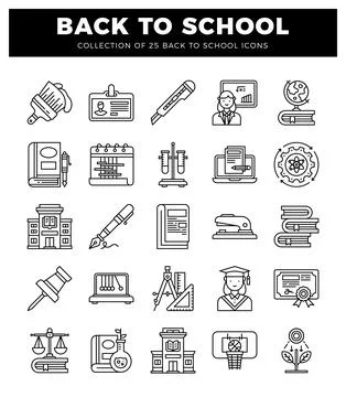 Collection of school icons with various educational symbols on a white back.. Ilustración de archivo