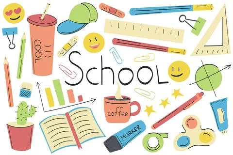 Collection of school items for study with the text School. Vector illustratio Stock Illustration
