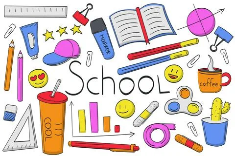 Collection of school items for study with the text School. Vector illustratio Stock Illustration