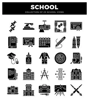 Collection of school-themed black vector icons on a white background. repre.. Illustrazione stock