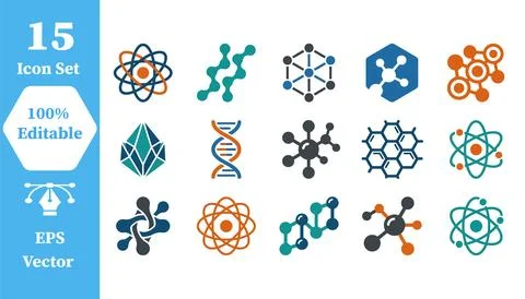 Collection of science and molecule model icons for research and laboratory Stock Illustration