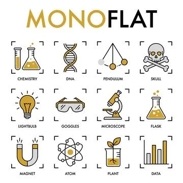 Collection of science and research flat icons including chemistry flasks, D.. Stock Illustration