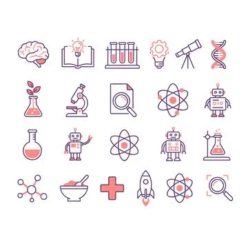 Collection of science and technology flat icons including brain, book with .. Stock Illustration
