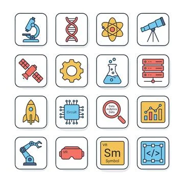 Collection of science and technology flat icons: microscope, DNA, atom, tel.. Stock Illustration