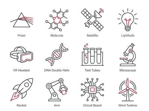 Collection of science and technology icons including prism, molecule, satel.. Stockillustratie