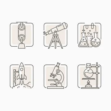 Collection of science and technology icons including a pulley system, teles.. Stock Illustration