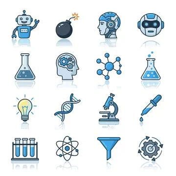 Collection of science and technology icons including robots, DNA, microscop.. Stock Illustration