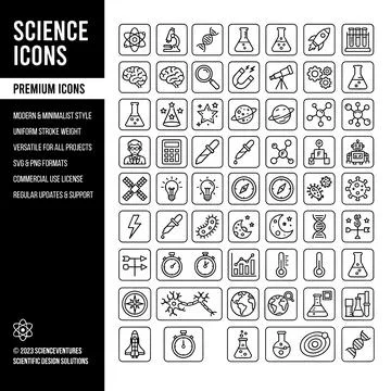 Collection of science and technology icons in a modern minimalist line art .. Stock Illustration