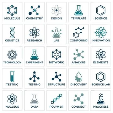 Collection of science and technology icons including molecule, chemistry, g.. Stock Illustration