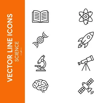 Collection of science and technology vector line icons including open book,.. Stock Illustration