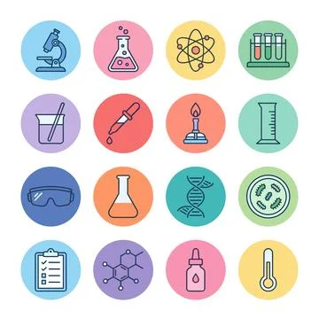 Collection of science icons including microscope, flask, atom, test tubes, .. Stock Illustration