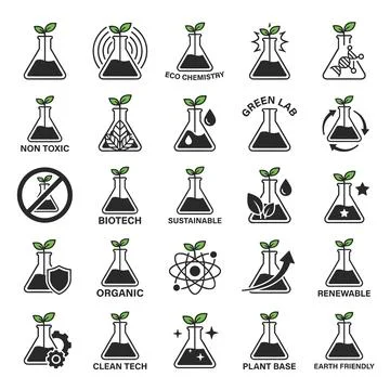 Collection of science laboratory flask icons with green leaves symbolizing .. Stock Illustration