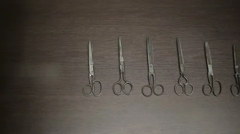 Collection of scissors from ancient to modern. HD shot with slider Stock Footage 43159004