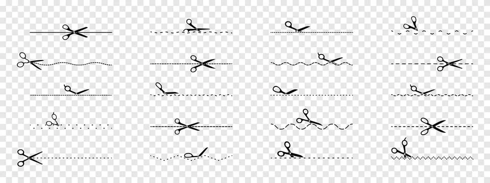 Collection of scissors cut dashed, zigzag, wavy and straight lines. Vector .. Stock Illustration