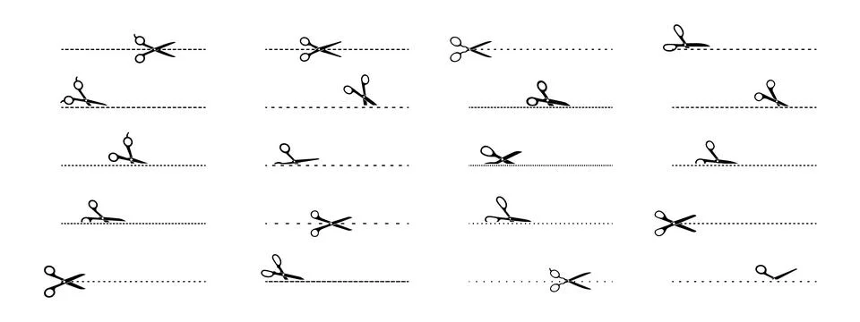 Collection of scissors cutting different lines. Cut here symbols Stock Illustration