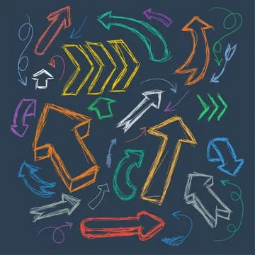 Collection of scribble arrows hand-drawn on a dark background. Vector Stock Illustration