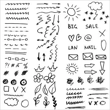 Collection of scribble design element of sketch underlines, arrows and signes Illustrazione stock