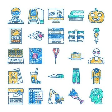 Collection of scribble doodle icons representing various concepts Stock Illustration