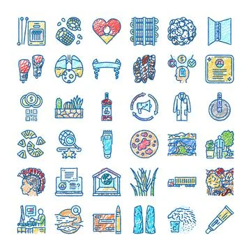 Collection of scribble doodle icons representing various concepts Stock Illustration