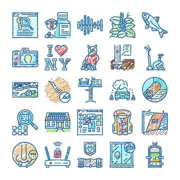 Collection of scribble icons depicting diverse concepts and objects 스톡 일러스트