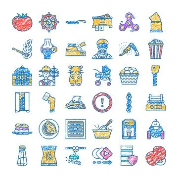Collection of scribble icons depicting various concepts and objects Stock Illustration