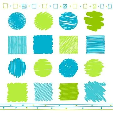 Collection of  scribbled circular and square elements with hand drawn style.. Stock Illustration
