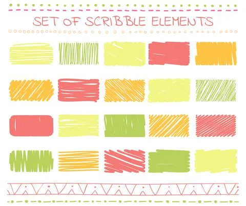 Collection of scribbled elements in hand drawn style. Set of rectangular patt Stock Illustration