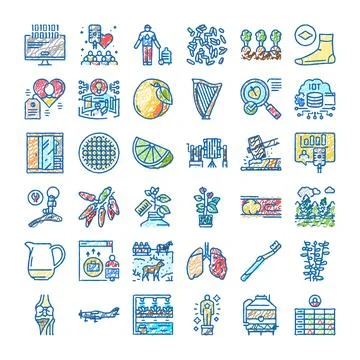 Collection of scribbled icons depicting various concepts Stock Illustration